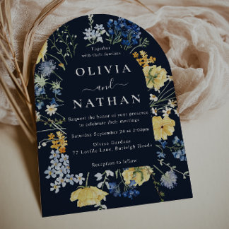 Modern Watercolor Wildflowers Deep Navy Wedding Invitation