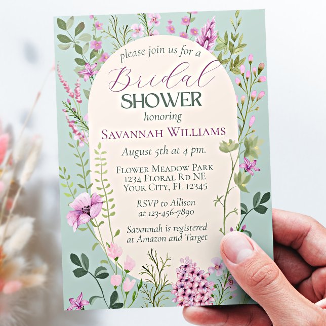 Modern Watercolor Wildflowers Green Bridal Shower Invitation (Creator Uploaded)