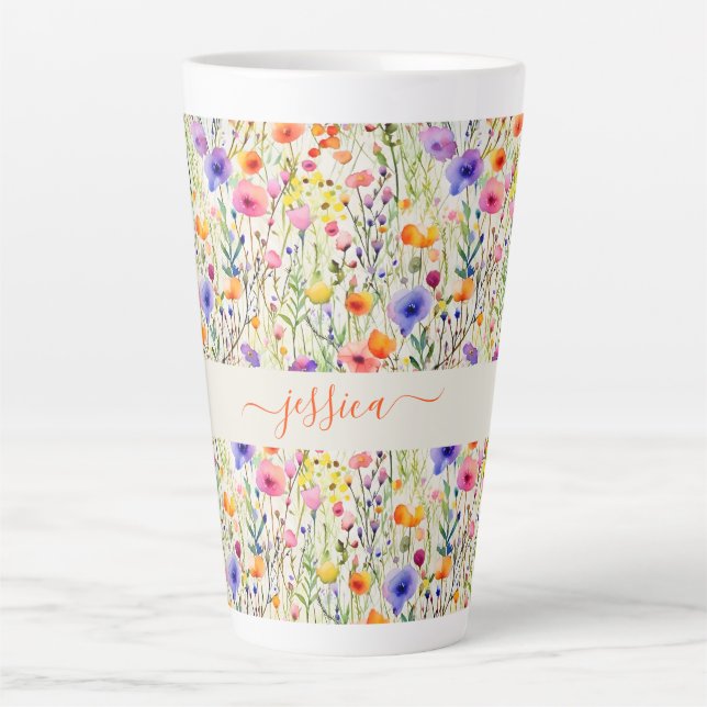 Modern watercolor wildflowers pattern script name latte mug (Front)