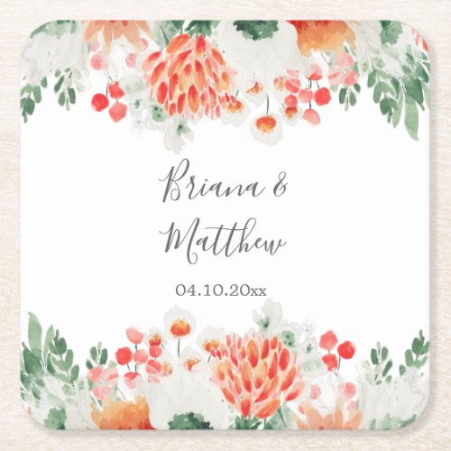 Modern Watercolor Wildflowers Trendy Floral Square Paper Coaster