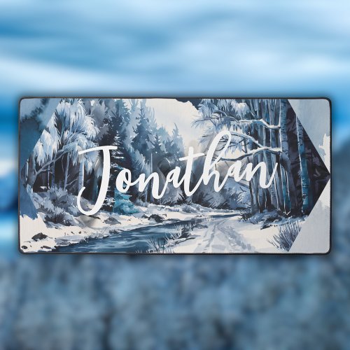 Modern Watercolor Winter Forest Landscape Desk Mat