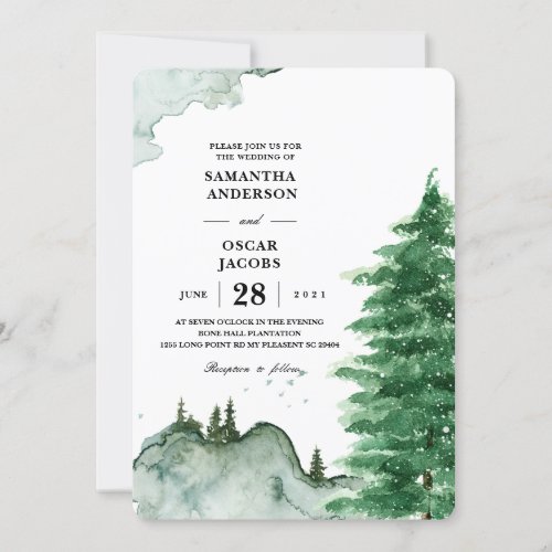 Modern Watercolor Winter Nature Green Trees Invita Invitation