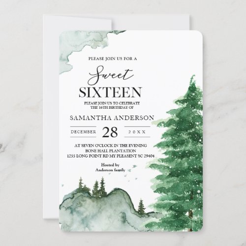 Modern Watercolor Winter Nature Green Trees Invita Invitation