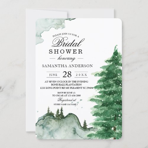 Modern Watercolor Winter Nature Green Trees Invita Invitation