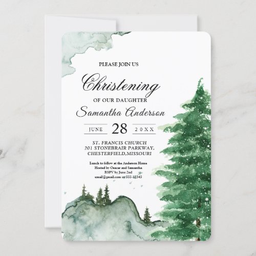 Modern Watercolor Winter Nature Green Trees Invita Invitation