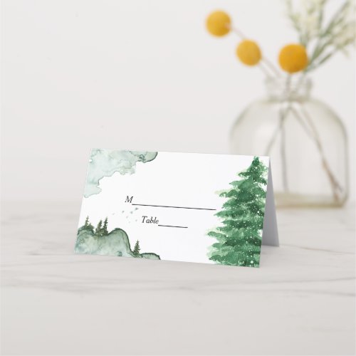 Modern Watercolor Winter Nature Green Trees Place  Place Card