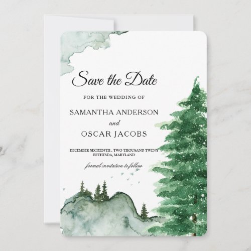 Modern Watercolor Winter Nature Green Trees Save T Save The Date