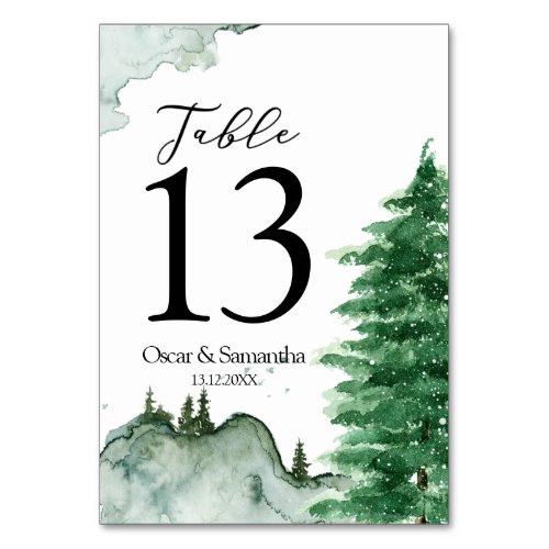 Modern Watercolor Winter Nature Green Trees Table  Table Number