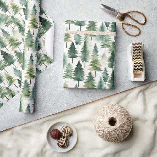 Modern Watercolor Winter Pine Green Tree Christmas Wrapping Paper
