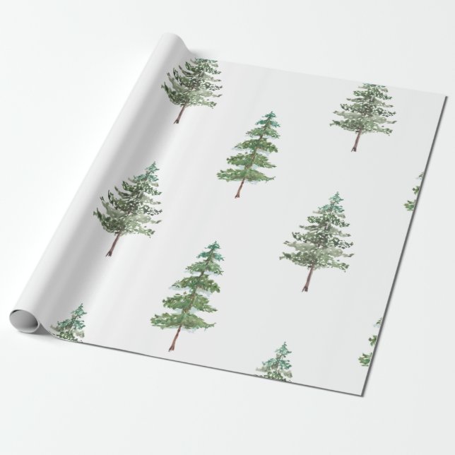 Modern Watercolor Winter Pine Green Tree Christmas Wrapping Paper (Unrolled)