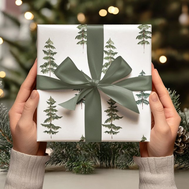 Modern Watercolor Winter Pine Green Tree Christmas Wrapping Paper (Creator Uploaded)