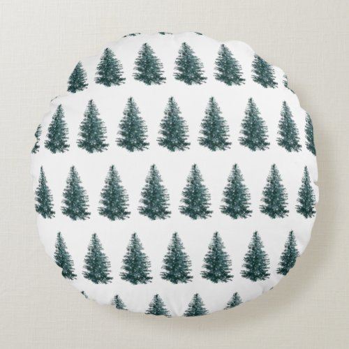 Modern Watercolor Winter Pine Green Tree Round Pillow