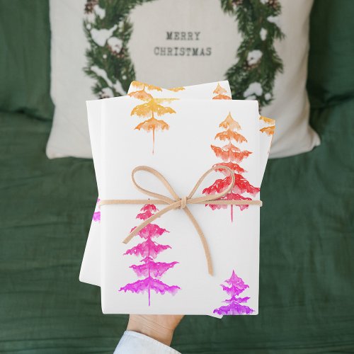 Modern Watercolor Winter Pine Pink Tree Christmas Wrapping Paper Sheets