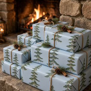 Modern Watercolor Winter Pine Tree Light Blue Wrapping Paper