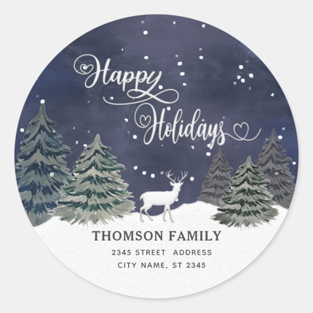 Modern watercolor Winter scene Happy Holidays Classic Round Sticker (Front)