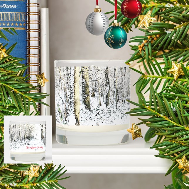 Modern watercolor winter snow forest monogrammed scented candle (Watercolor snowy winter forest, family name scented candle. Beautiful holiday gift.)