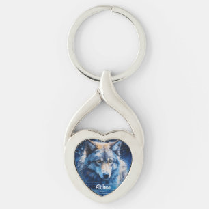 Modern Watercolor Winter Wolf Blue Keychain