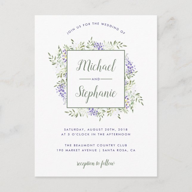 Modern Watercolor Wisteria Frame Wedding Invitation Postcard (Front)