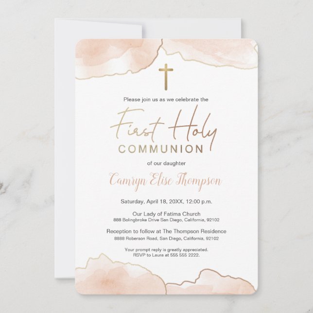 Modern Watercolor With Faux gold First communion Invitation (Front)