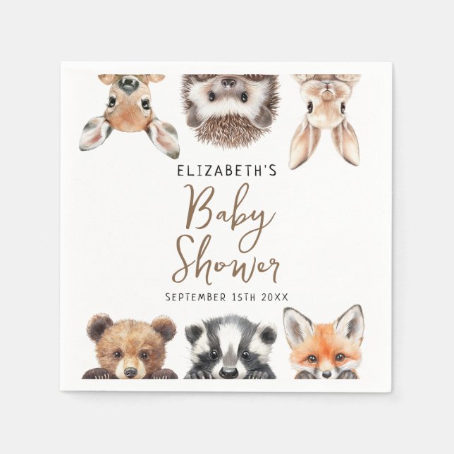 Modern Watercolor Woodland Animals Baby Shower Napkins (Front)