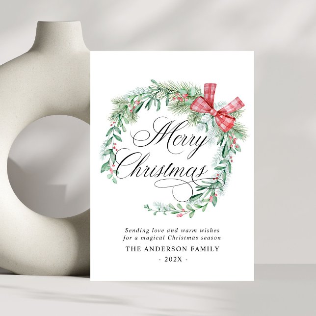 Modern Watercolor Wreath Bow Non Photo Christmas Holiday Card (Creator Uploaded)