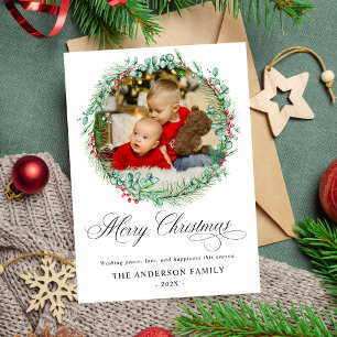 Modern Watercolor Wreath Bow Photo Christmas Holiday Card