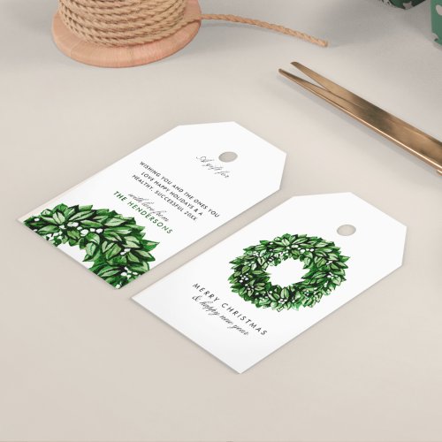 Modern Watercolor Wreath Custom Message Christmas Gift Tags