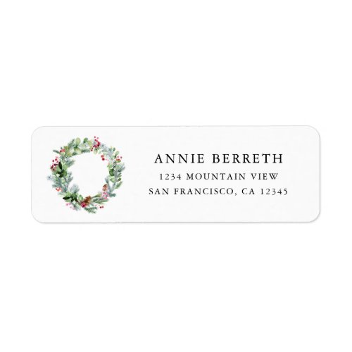 Modern Watercolor Wreath Evergreen Berries Holiday Label