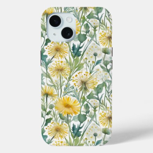 Modern Watercolor Yellow Dandelions Floral Pattern iPhone 15 Case