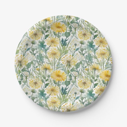 Modern Watercolor Yellow Dandelions Floral Pattern Paper Plates