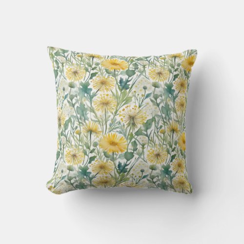 Modern Watercolor Yellow Dandelions Floral Pattern Throw Pillow