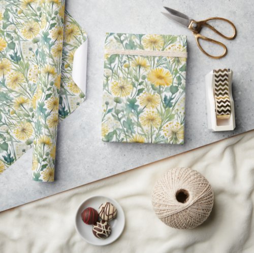 Modern Watercolor Yellow Dandelions Floral Pattern Wrapping Paper