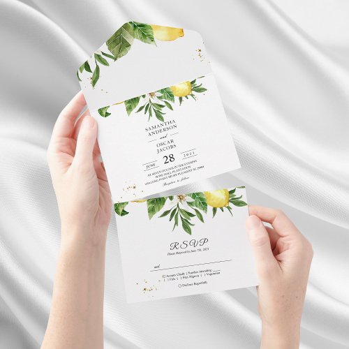 Modern Watercolor Yellow Lemons  Leaf  All In One Invitation
