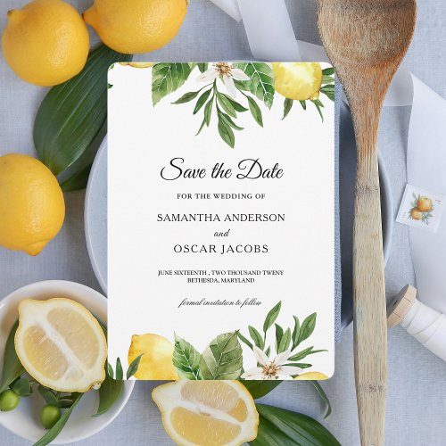 Modern Watercolor Yellow Lemons  Leaf  Save The Date