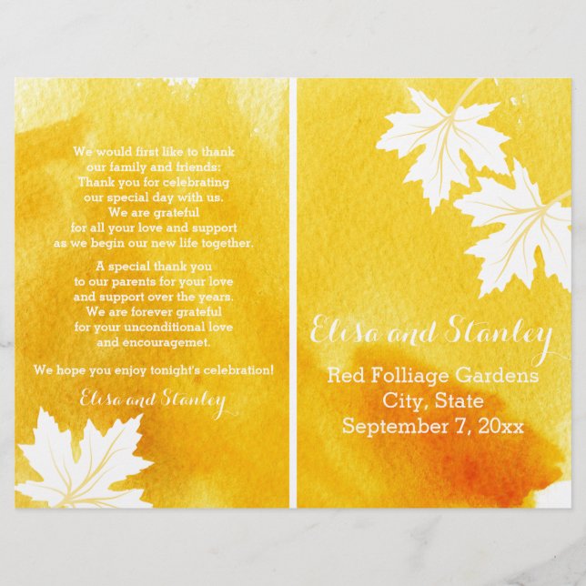 Modern watercolor yellow wedding program (Front)