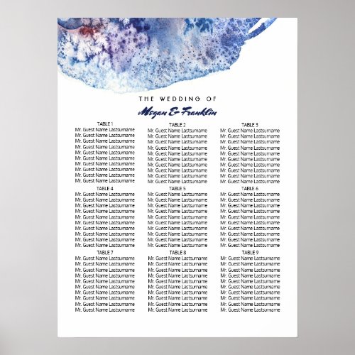 Modern Watercolors Blue Wedding Seating Chart - Modern indigo blue watercolors wedding seating chart