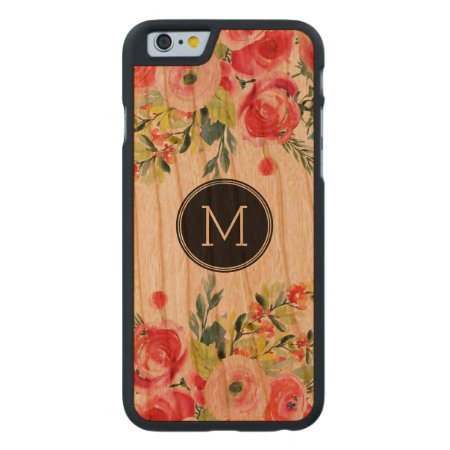 Modern Watercolors Colorful Flowers Monogram Carved Cherry Iphone 6 Ca
