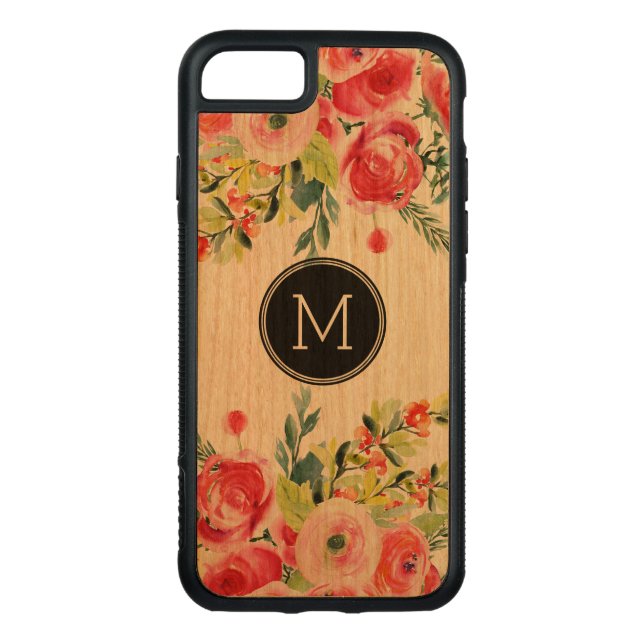 Modern Watercolors Colorful Flowers Monogram Carved Wood iPhone Case (Back)