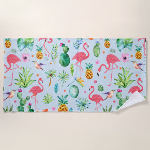 Modern watercolors tropical flowers & Flamingos Beach Towel