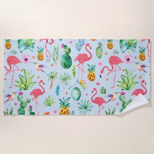 Modern watercolors tropical flowers  Flamingos Beach Towel