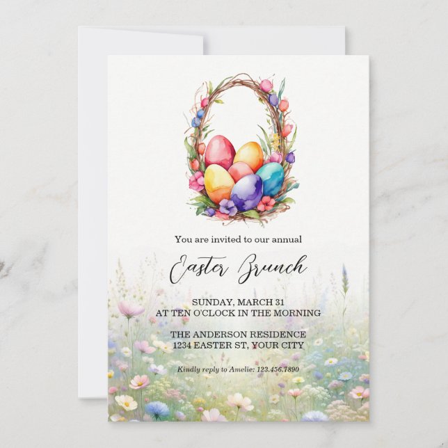 Modern Watercolour Eggs Basket Easter Brunch  Invitation (Front)