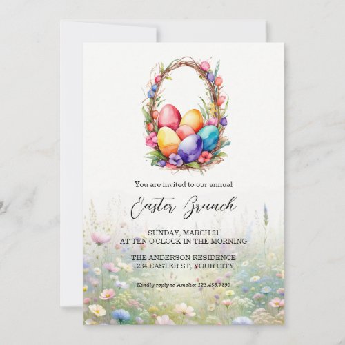 Modern Watercolour Eggs Basket Easter Brunch  Invitation