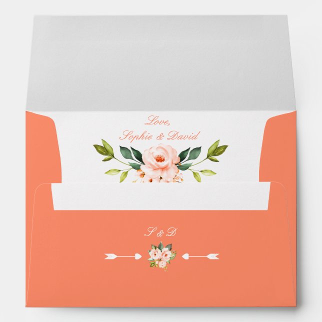 Modern Watercolour Flowers Living Coral Wedding Envelope (Back (Bottom))