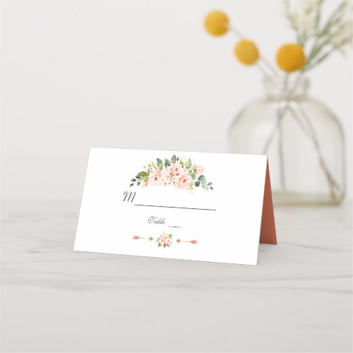 Modern Watercolour Flowers Living Coral Wedding Place Card