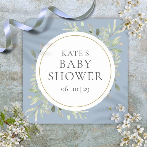 Modern Watercolour Greenery Baby Shower Dusty Blue Square Sticker