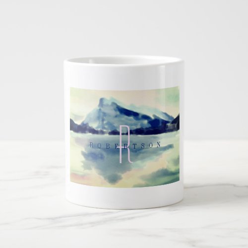 Modern Watercolour Navy Blue Mountain Monogram Giant Coffee Mug