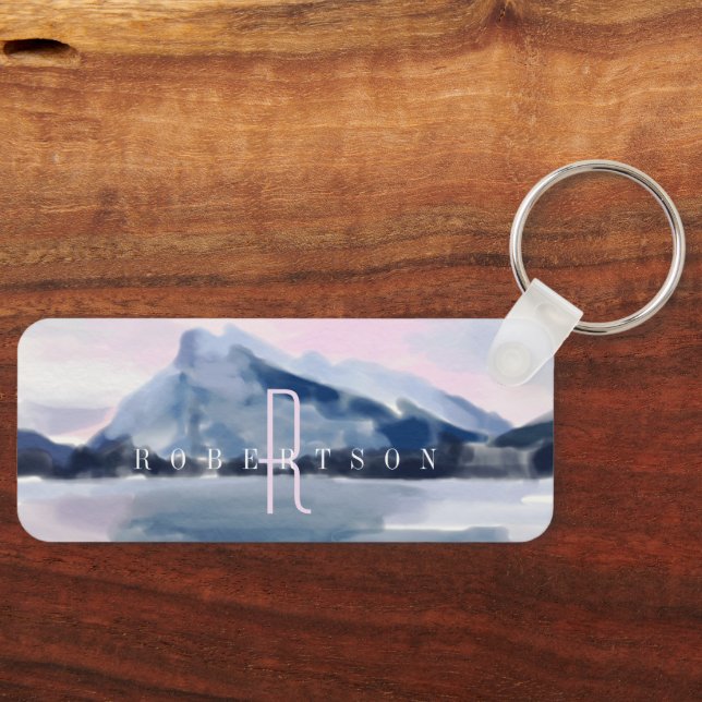 Modern Watercolour Navy Blue Mountain Monogram Keychain (Front)