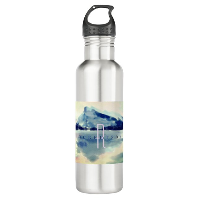 Modern Watercolour Navy Blue Mountain Monogram Stainless Steel Water Bottle (Front)