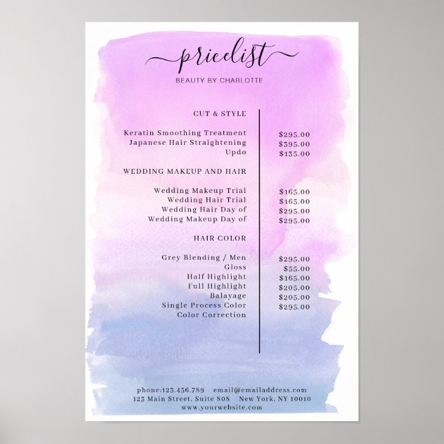 Modern Watercolour Price List Poster (Front)