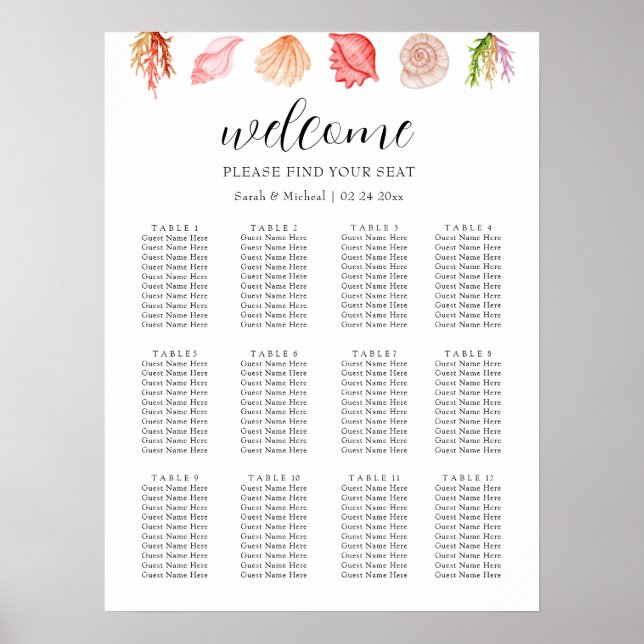  Modern Watercolour Summer Beach Seating chart (Front)